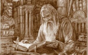 Gandalf in the library of Minas Tirith