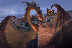 Immagine della torre di Neuchatel avvolta da un drago alato disegnato da John Howe